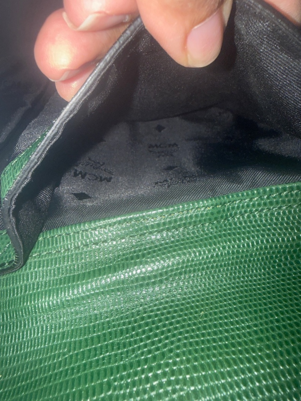 Authentic MCM Black Nylon Tote Green Lizard Embossed Leather Trim-Vintage w/COA - Picture 13 of 16